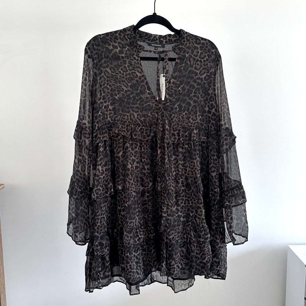 NWT Olivaceous Leopard Print Tiered Babydoll Mini Dress | Brown Boho Medium